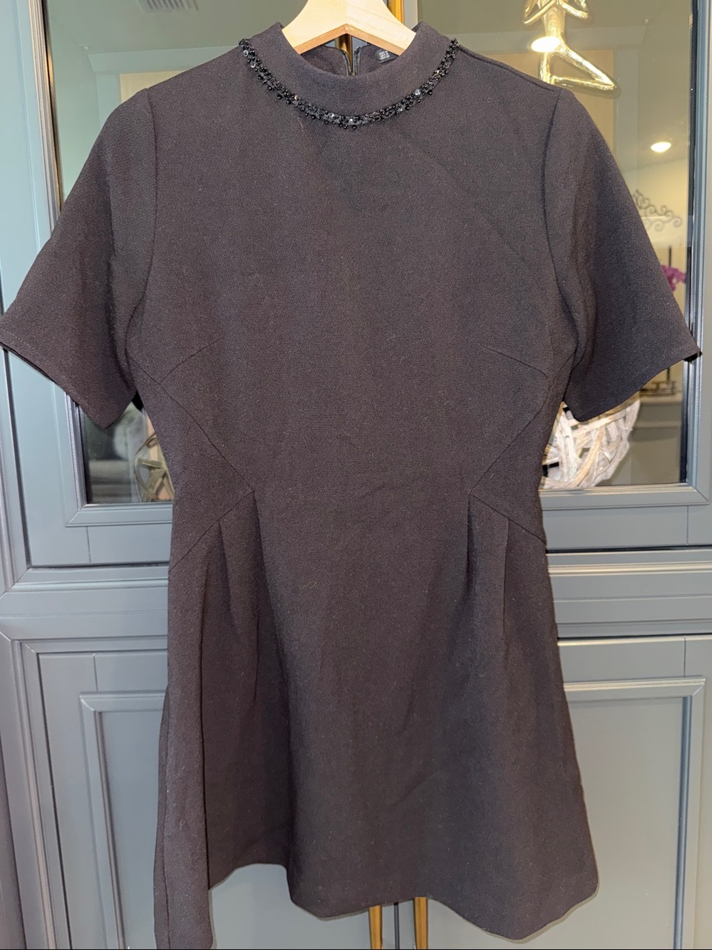 Zara Black Short Sleeve A-Line Dress with Beaded Collar
